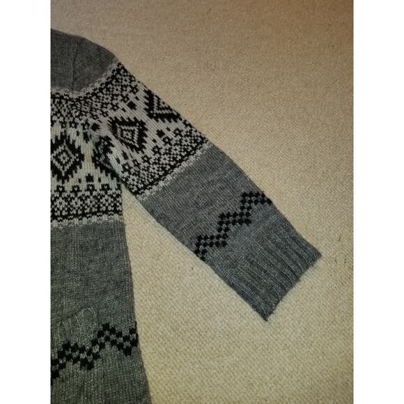 Womens Sweater-J. JILL-grey/black Nordic wool long open cardigan ls Fair Isle-L - Picture 3 of 4